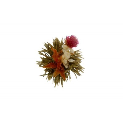La foto muesta la flor de té o blooming tea en su completamente abierta tras la infusión, con las flores de a la vista, un espec